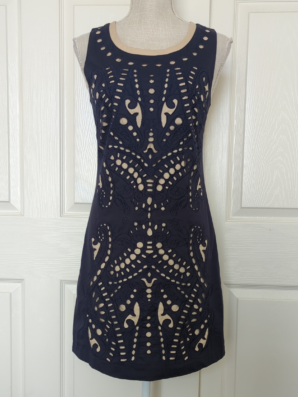 I. Madeline Navy Laser-Cut Mini Dress with Nude Underlay